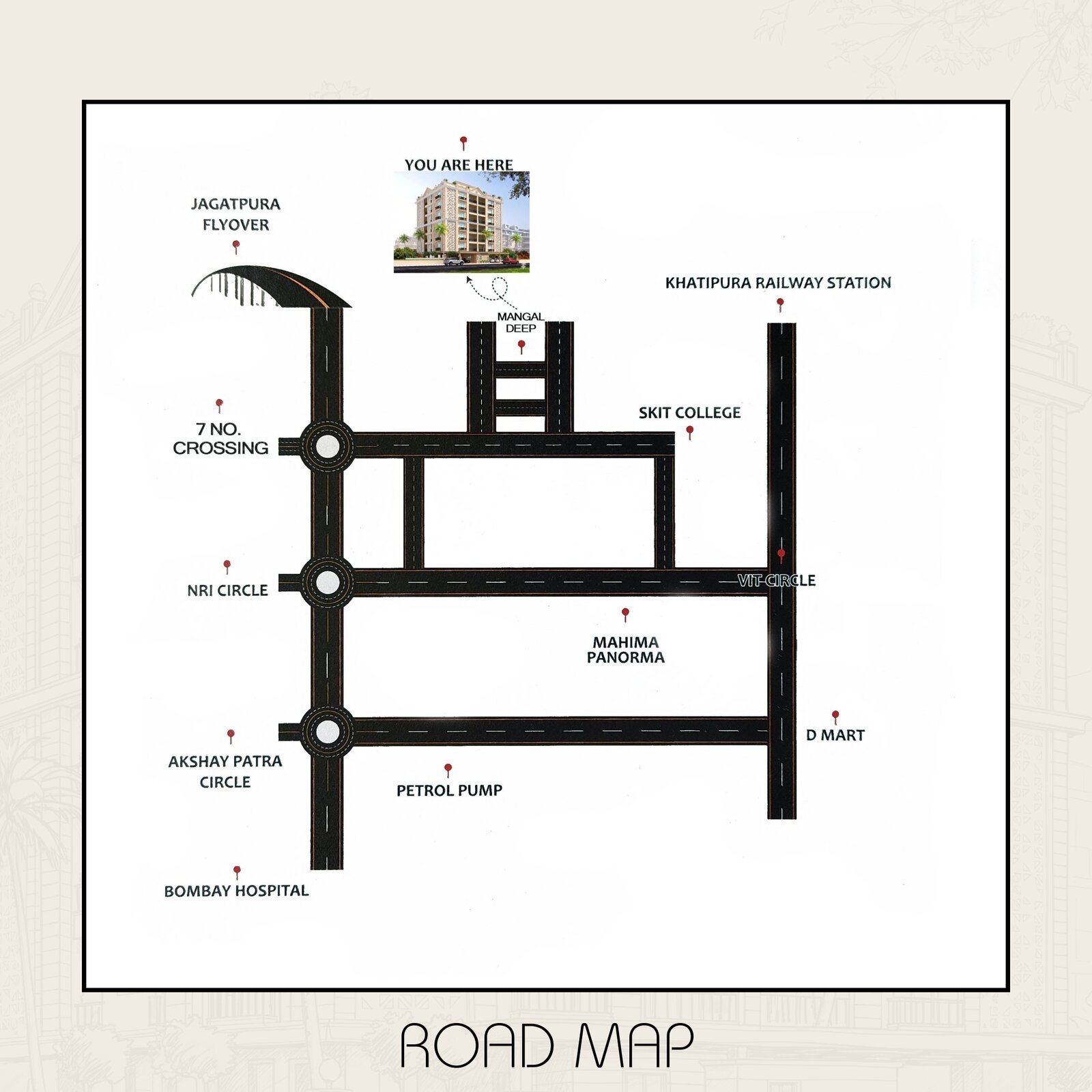 Location map showing Mangal Deep Apartments and nearby landmarks in Jagatpura, Jaipur