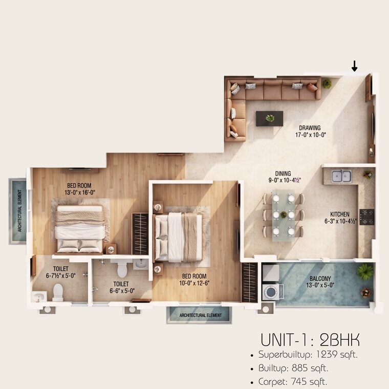2 BHK Unit 1 floor plan, Mangal Deep Jagatpura