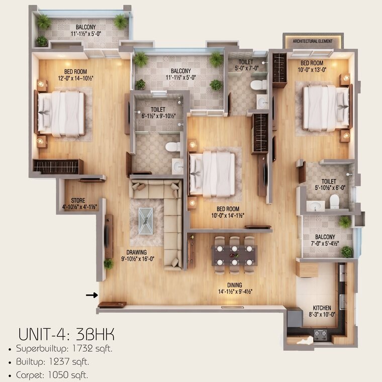 3 BHK Unit 4 floor plan, Mangal Deep Jagatpura
